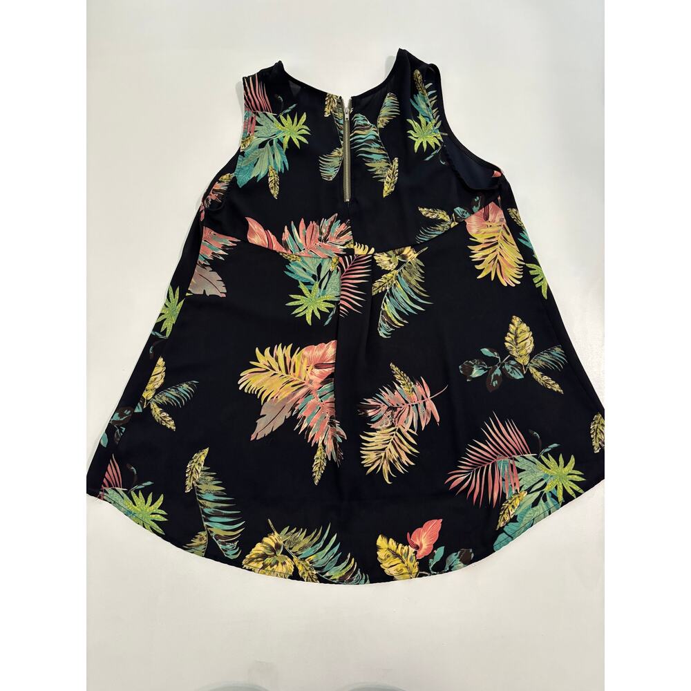 W5 Tropical Palm Print Sleeveless Blouse Black Floral Back Zip Top XL 11483M - Picture 6 of 6
